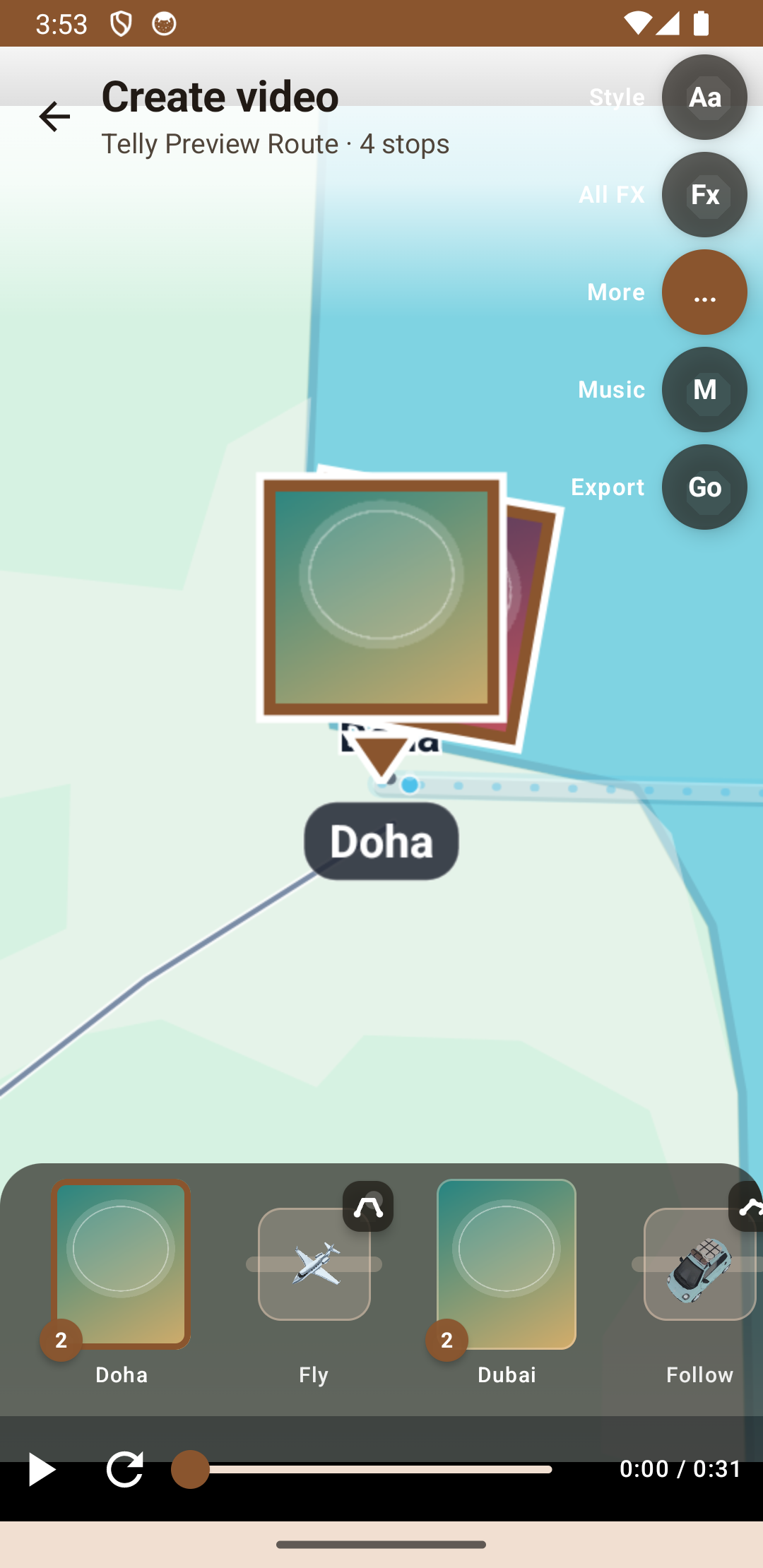 Telly video creator showing a travel route, media stops, and a selected private jet