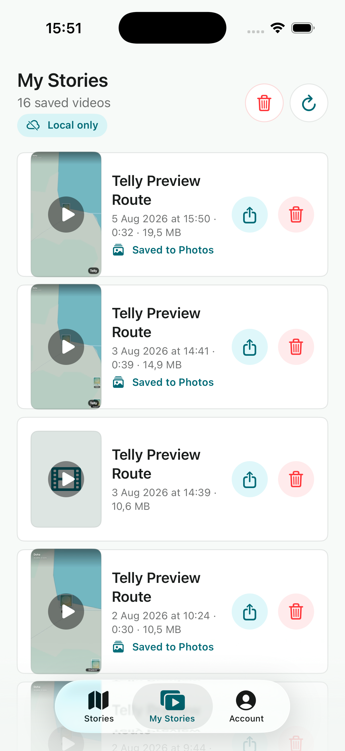 Telly My Stories library with saved travel videos